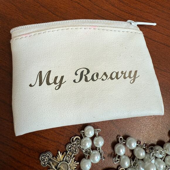 Fatima Rosary Crucifix INRI Jesus Faux Pearl Beads Catholic Christian w/Bag 21" - Picture 5 of 10